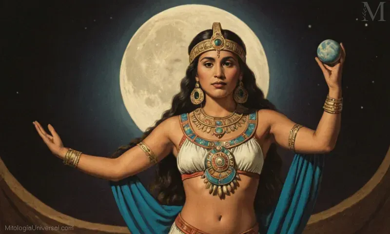 Ilustración vintage de Ixchel, la diosa maya asociada con la luna y su poder.