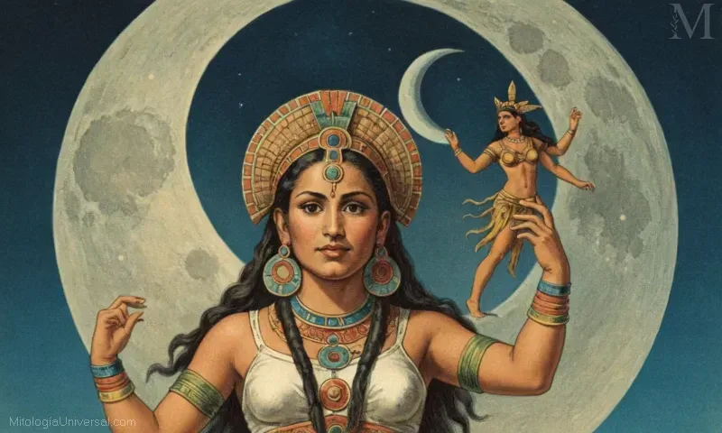 Ilustración vintage de Ixchel, la deidad maya asociada a la luna. Ella posee poderes divinos y terrenales.