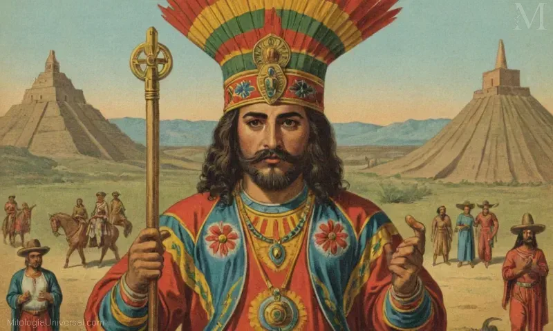 Ilustración vintage que representa Ixtlilton y su proteção, la deidad mexicana asociada con la medicina y los juegos.