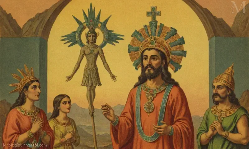 Ilustración vintage de Ixtlilton (deidad mexicana), en relación con su papel como el vínculo central entre dioses y humanos, simbolizando la medicina (la medicina) y los juegos.