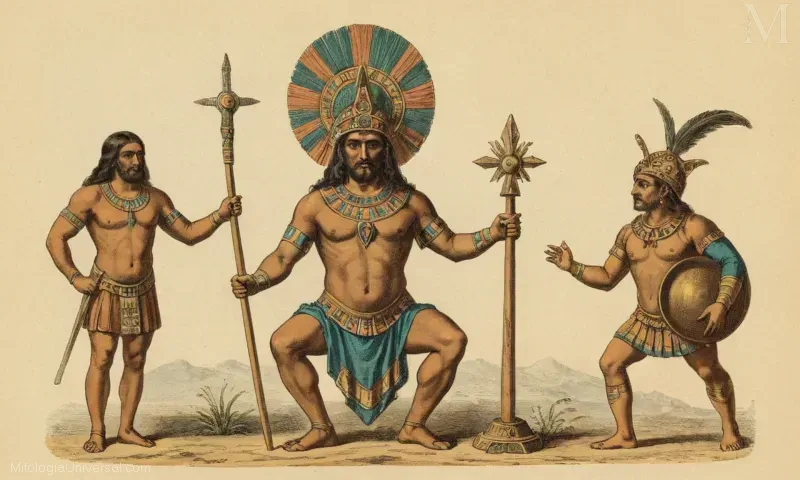 Grabado vintage con Orígenes (una deidad en la religión mesoamericana precolombina) y sus atributos junto a Ixtlilton, una deidad mesoamericana asociada a medicina y juegos.