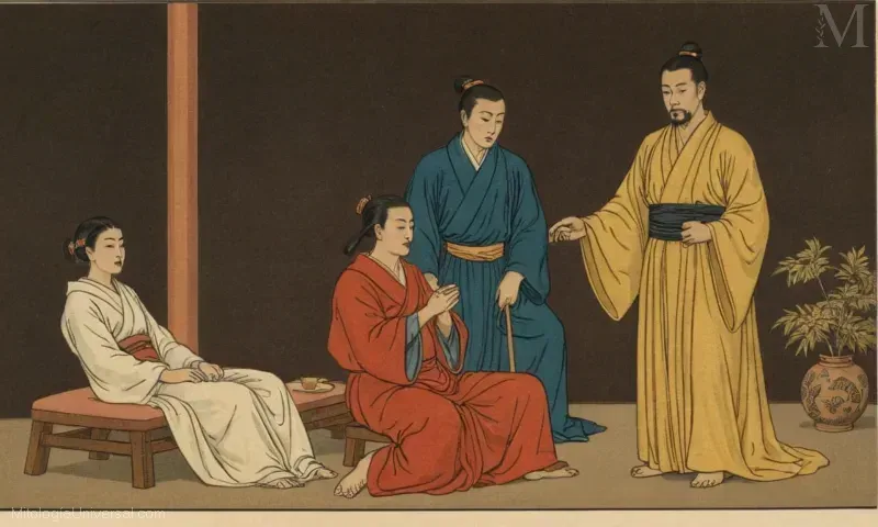 Vintage ilustración de Izanagi, creador de los primeros seres vivos en la mitología japonesa.