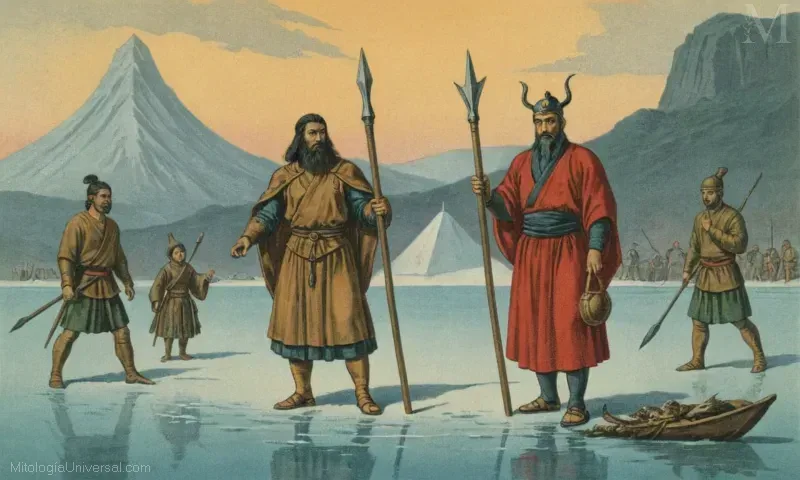 Vintage ilustración de Izanagi, el creador de la deidad de Japón. Conocido como el Gran Diluvio, llevó a sus seguidores a tallar a Jomon (el mundo congelado) usando una chimenea gigante y una lanza. La isla resultante fue creada con agua de mar, sangre, hielo y helada. Se dice que toda persona nacida después de La Descenso al Yomi (el viaje por el río de nacimiento) simboliza un elemento - tierra, agua, aire, fuego, acero o madera - que se formó durante este evento.