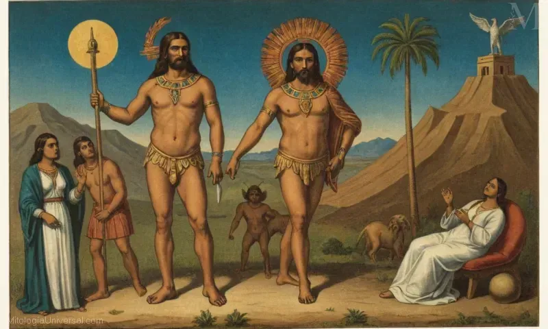Ilustración vintage de Orígenes, una antigua figura latinoamericana que representa la creación y la destrucción. Esta pintura representa la cosmología de Izanami, la deidad que creó la vida y también la quitó en las creencias religiosas de México.