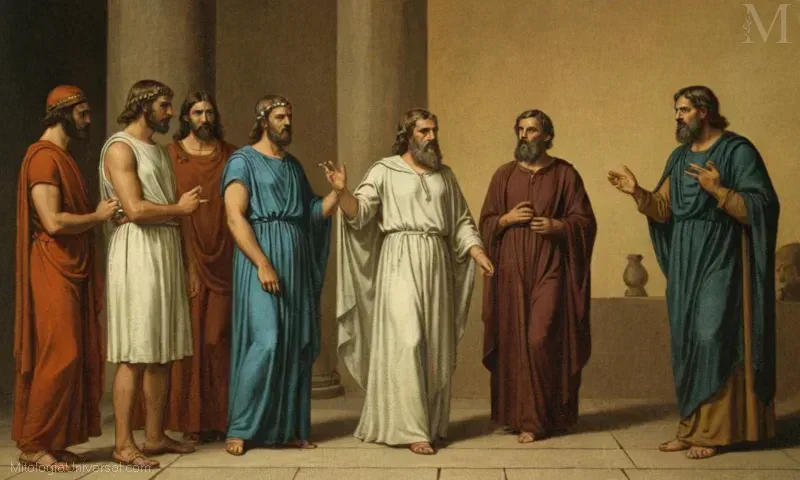 Vintage ilustra la representación de Orígenes discusión sobre los principios y transiciones en la adoración religiosa de Janus, el dios griego simbolizando cambios y finales.