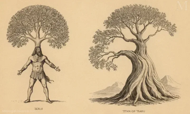 Ilustrado boceto dibujado a mano que representa a Orígenes (Zeus), Genealogía de Jápeto (Jarett, el Titan de Guerra que está vinculado al reino de Tártaro), y una estructura de árboles que representa los nueve reinos del árbol mundial en la cosmología nórdica.