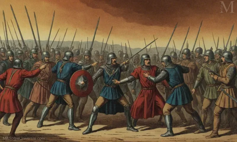 Ilustración de la conclusión de Jinetes del Apocalipsis novela gráfica detallando una guerra y lucha de poder entre facciones rivales.