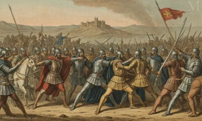 Vintage ilustración para el libro La Guerra Secreta: El Confronto Entre Jinetes Y Vigilantes De Jinetes Del Apocalipsis: Guerra Y Poder. Cuenta con un mundo caótico, cielos oscuros, y dos jinetes en sus carnes luchando contra otros grupos de personajes tipo jin/jinete (cowboy). El texto sugiere que esto se puede establecer en los tiempos antiguos o post-apocalípticos; los elementos principales representados son la violencia, el conflicto y las luchas de poder.
