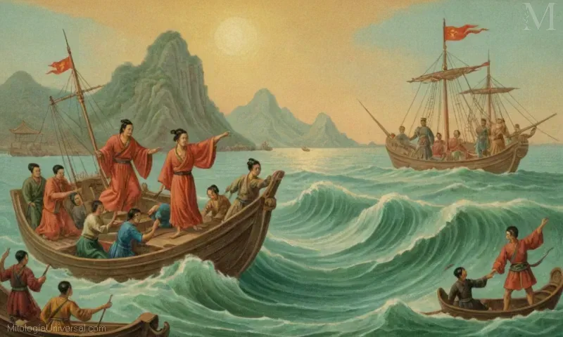 Pintura vintage que representa La Transformación del Mar, un cuento legendario de perseverancia y venganza en el folclore chino.