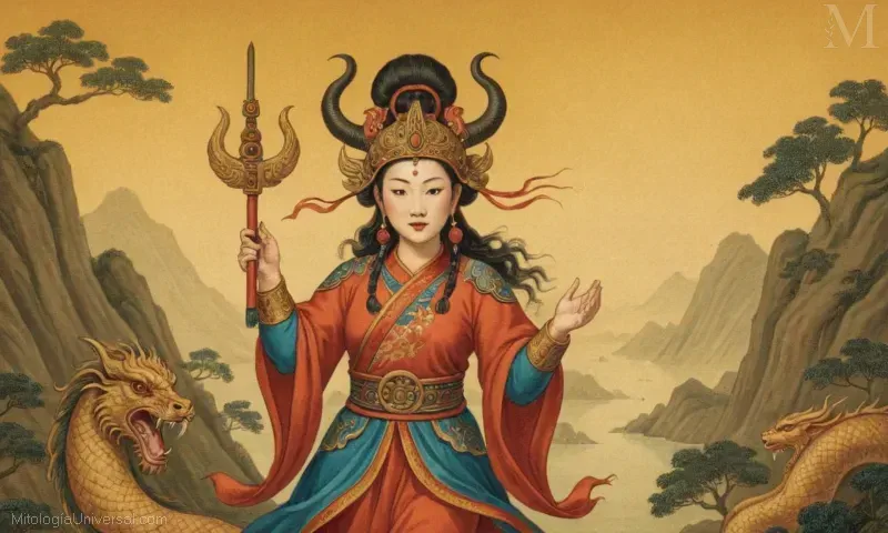 Ilustración de Orígenes (una figura mitológica china) y las creencias iniciales en la mitología china.