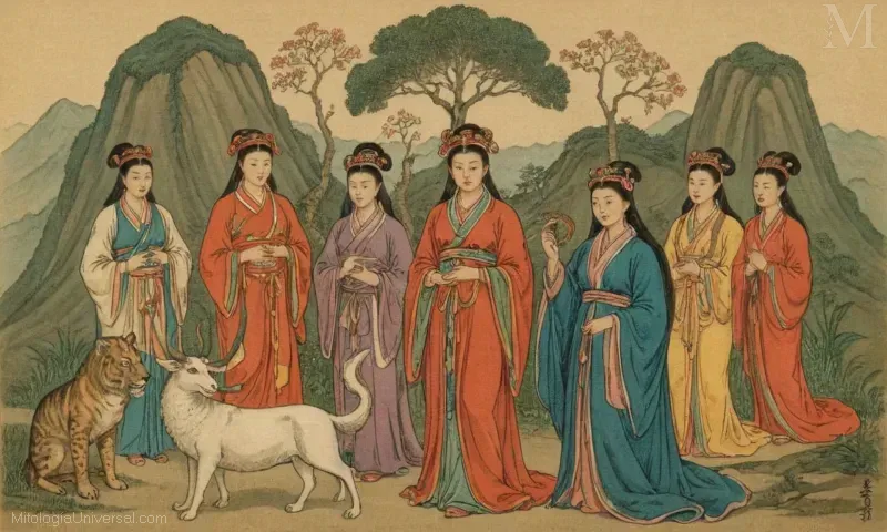 Ilustración vintage de Jiutian Xuannu, la diosa mitológica china. Controversia y evolución de la imagen en Jiutian Xuannu: La mujer divina de la mitología.