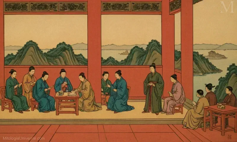 Vintage ilustración representando representaciones literarias y artísticas en la historia y cultura chinas titulada Huiweihu en Jiu Wei Hus contribuciones a la literatura y las artes.