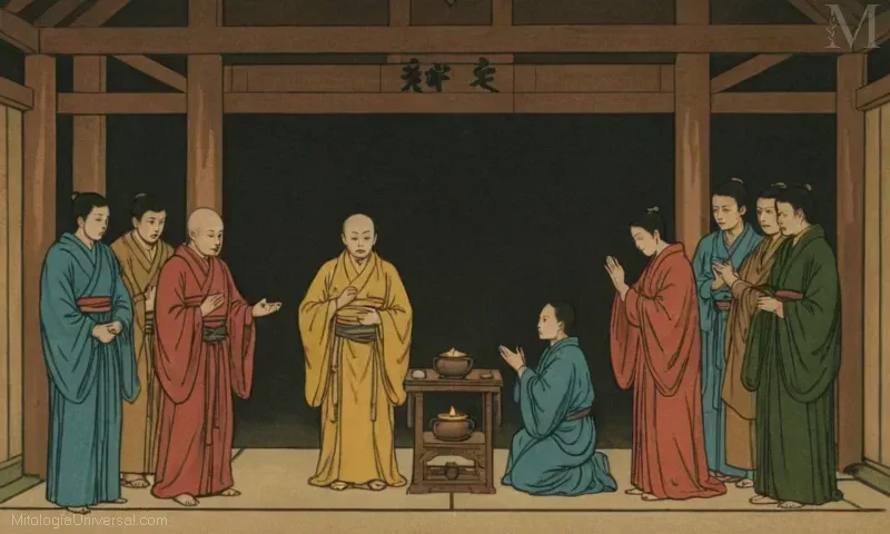 Ilustración vintage de La Representación de Jizo, una deidad budista japonesa que brinda protección y consuelo.