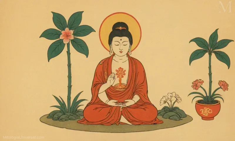 Ilustración vintage de Jizo, un símbolo reverenciado en la cultura japonesa para la protección y consuelo espiritual. Esto representa el papel significativo que juega Jizo en diversos aspectos del budismo japonés. En esta breve descripción:1) Ariadne como la diosa que guió a Teseo.2) Aquiles como el héroe griego cuya historia inspiró culturas enteras.3) Benzaiten como la deidad adorada en la cultura japonesa relacionada con el amor, la suerte y la sabiduría.4) Jizo como figura integral en el budismo japonés, ofreciendo protección espiritual y consuelo.