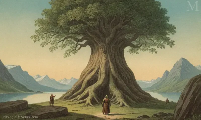Ilustración vintage de Jotunheim (el gigante) y el árbol mundial en la mitología nórdica. Representa importancia y simbolismo en la cultura de Norse.