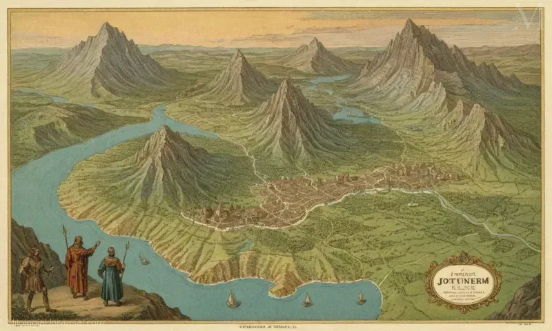 Mapa vintage e ilustración de Jotunheim, un reino de Nibelungen de la Geografía y Clima de Jotunheim por Jotunheim. Con paisajes gigantes y condiciones climáticas.
