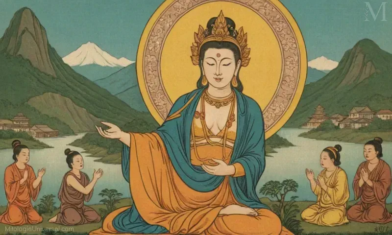 Ilustración vintage de Kannon, la diosa budista de la compasión. Este breve resumen cubre su historia y significado en diversas tradiciones budistas.