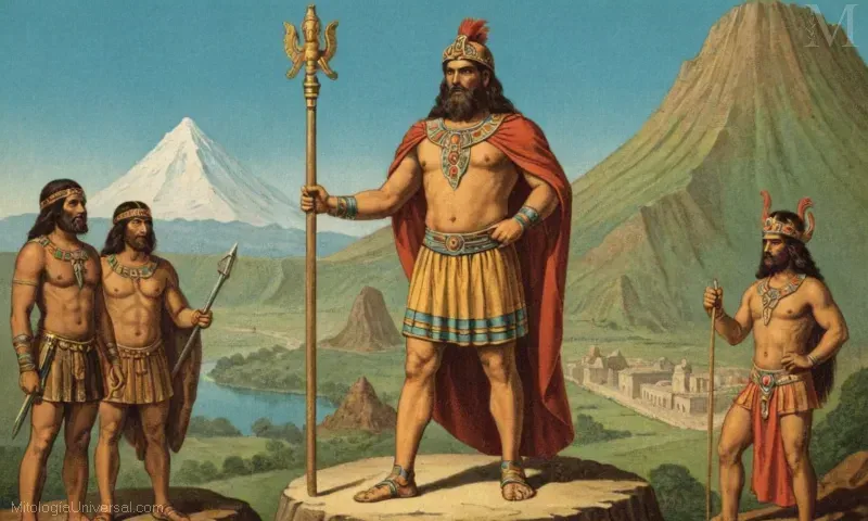 Ilustración vintage que representa el concepto de doble mundo en la mitología de La Cosmovisión Inca. Kon es la deidad suprema en la mitología inca, junto con Mitologia y creación.