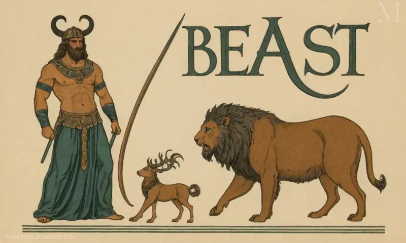 Ilustración mostrando dos representaciones diferentes de la bestia con letras y guiones romanos. (Se traduce literalmente a Descripción de la Bestia: Dos Manifestaciones de las Bestias de la Edad tardía de los personajes.) Esto podría referirse a las representaciones en la literatura, el arte o la mitología donde las bestias aparecieron prominentemente, como en la mitología griega y romana.