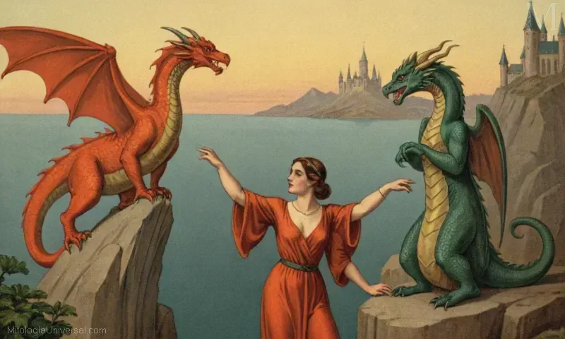 Ilustración del período Art Deco, representando La relación con el reparto y la gran mujer de las bestias de una novela de fantasía o cuento corto con dragones y criaturas míticas con dos personajes principales navegando su relación.