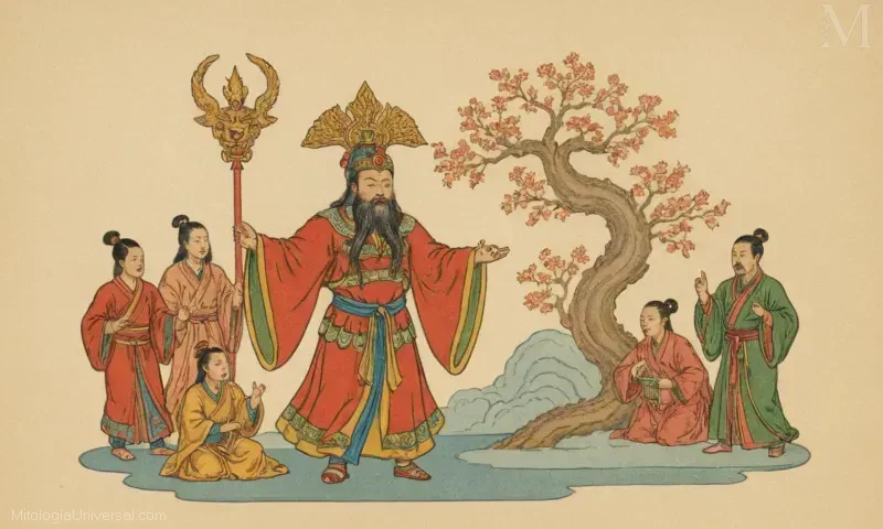 Ilustración vintage de El Emperador de Jade (Lei Gong), la deidad del relámpago y la justicia en la mitología china.