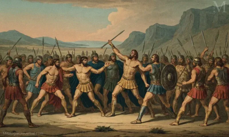 Ilustración vintage de la batalla entre Hércules (Heracles) y Leonidas en la mitología griega.