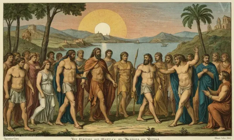 Grabado clásico retratado Heracles como se describe en la mitología griega, frente a la historia de creación de mitos de Orígenes y León de Nemea.