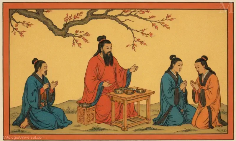 Ilustración vintage de los Tres Treasuries y el Lingbao Zao Bao, representando los Tres Tesoros y su contraparte celestial en la cosmología tríada taoísta. La Tríada Taoísta y el Rol del Lingbao Tianzun de Lingbao Tianzun: Historia y Poder Celestial explora este concepto.