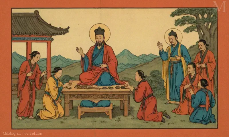 Ilustración vintage de El Canon Taoísti y la Transmisión del Conocimiento de Lingbao Tianzun, narrando la historia y el poder celestial del canon taoísta y su transmisión.