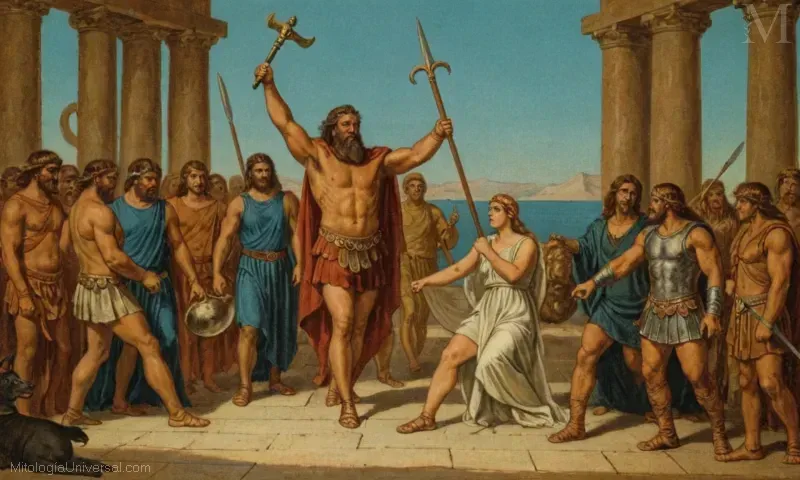 Vintage ilustración que representa Mitología y Narraciones de la Mitología griega, mostrando historias de los dioses guerreros como Hércules, y cuentos mitológicos de la Literatura.