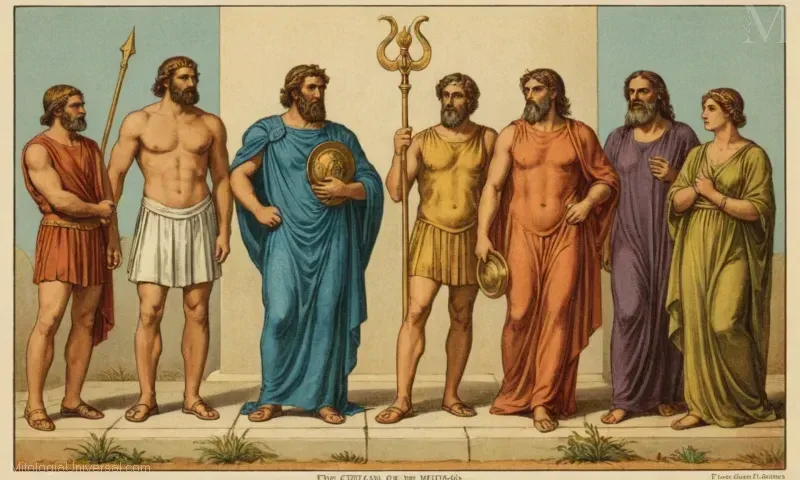 Ilustración vintage que representa a cinco dioses griegos olímpicos y sus respectivos relatos de mitología y literatura.