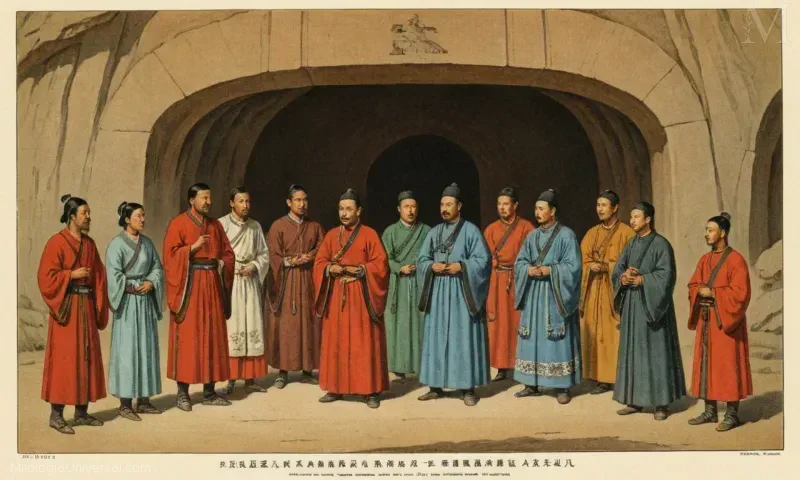 Vintage ilustración que representa historias históricas y legendarias del Patrimonio Cultural (Longmen en español o Longmen Grottoes) de Longmen, China, relacionadas con la provincia local de Shanxi. Esto ilustra aspectos culturales comunes compartidos por varias personas a lo largo de la historia, como el intercambio de mitos y religión en un entorno comunitario.