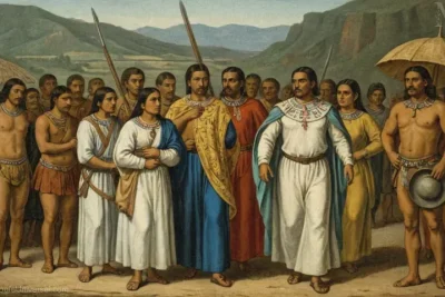 Vibrante y antropomórfico retrato del pintor mexicano Diego Rivera en su obra Captación de Lluvia Azteca. Representa al emperador Montezuma y sus acompañantes