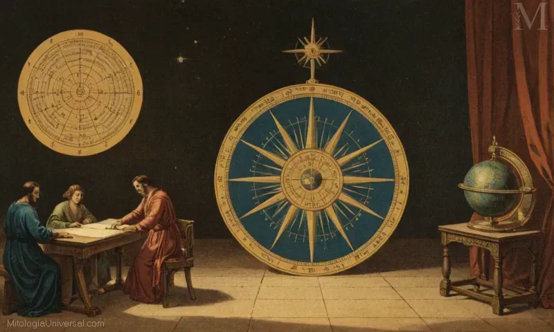Ilustración vintage que muestra El Sistema de Medición, un sistema de medición celestial desarrollado por el legendario inventor y deidad, Lu Ban.