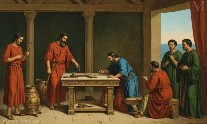 Legendary Chinese artisan and inventor, Lu Bans mítico timeline abarca Origenes (origins), ilustración vintage de Orígenes Míticos.