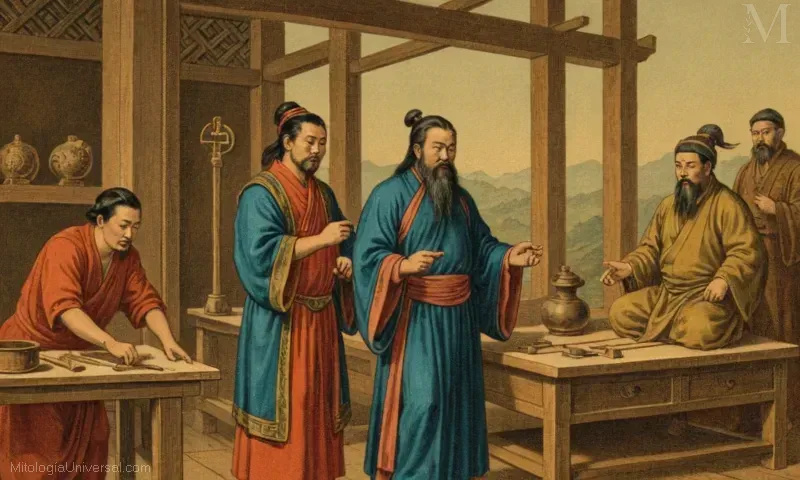 Vintage ilustración de Dios de carpintería e invención, inventores y creadores de herramientas de la mitología china.