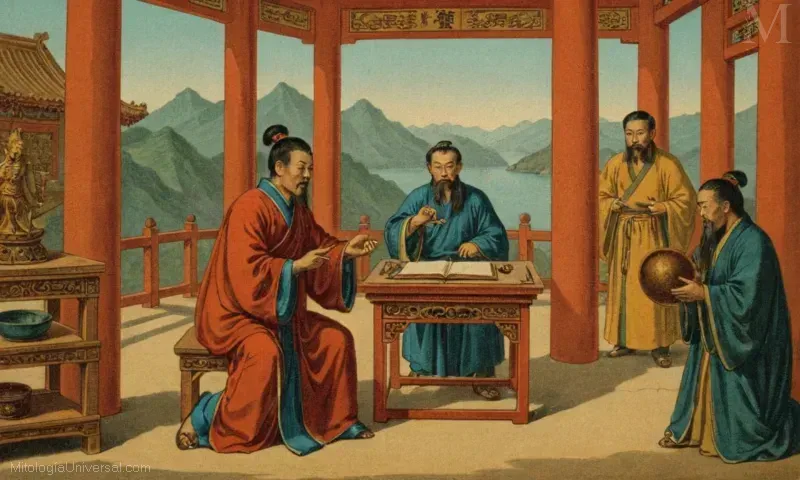 Vintage ilustración de Lu Ban, legendario inventor y dios carpintero en la mitología china cuya influencia se extiende a la literatura y las artes.