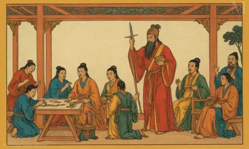 Ilustración de Lu Ban, legendario carpintero chino y deidad creadora responsable de las artes y la arquitectura. Este papel se considera crucial para configurar la cultura y la sociedad.