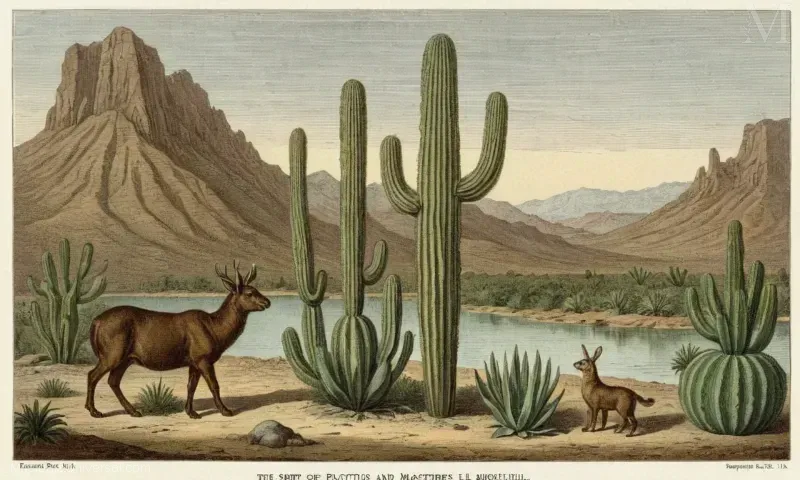 Grabado vintage con el espíritu de agua pulque y cactus, El Significado Simbólico de la Forma Animal de Macuilcuerzpalin.