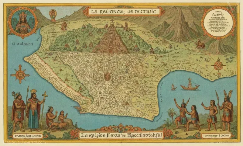 Mapa vintage o ilustración que representa La Relación de Macuitltochi con Otras Deidades de Macuiltochtli, un texto religioso sobre los dioses del imperio azteca.