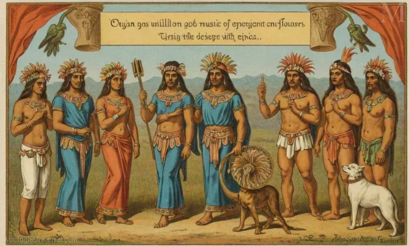 Vintage ilustración que muestra Orígenes, el dios azteca de las flores y la música, con Macuilxochitl como su consorcio. El texto describe sus mitos y creencias.