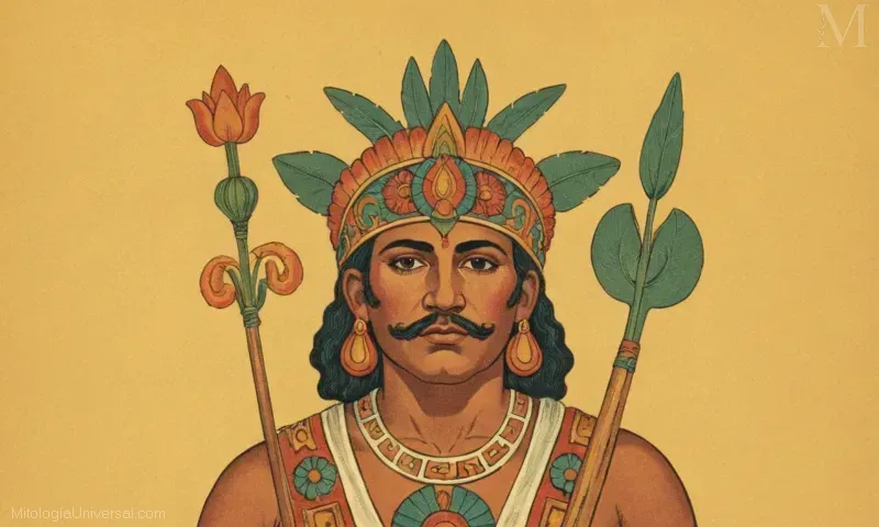 Ilustración de una Ofrenda y Rituals a Dia de Missa y Guitarra en la tradición azteca. Depiction of a deity named Macuilxochitl, who is believed to be the goddess of flowers, music, and healing.