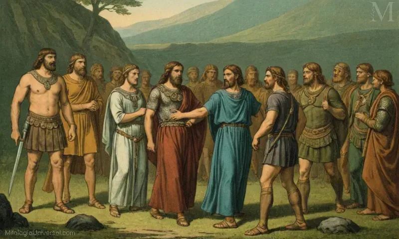 Ilustración vintage de Orígenes (Hesíodo) y contexto cultural de la leyenda celta de Badb en la mitología antigua. Esto representa la exploración de orígenes y patrimonio cultural entre los mitos y leyendas antiguos.