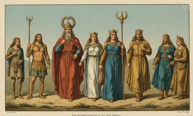 Ilustración vintage de Frigg de la mitología nórdica - una figura de gran poder e influencia. Representa no sólo la autoridad divina sino también el papel de la diosa madre. Esta imagen icónica sirve como cápsula temporal en las complejidades que se encuentran dentro de estas culturas antiguas.