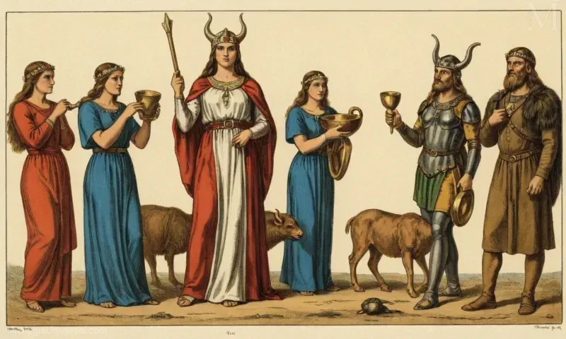 Ilustración vintage de la diosa Norse Frigg. Ella es conocida por su papel como una deidad poderosa y un formador del destino con roles como Diosa (madre mitológica), Völva (sorcera), y Poder (fortaleza).