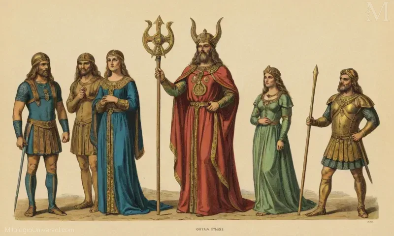 Vintage ilustración de Frigg y Odín en sus roles como diosa y dios, respectivamente, dentro del marco dualista de la mitología nórdica. El texto sugiere un tratamiento integral de Friggs maldición o maldición; sin embargo, esta breve descripción deja más detalles.