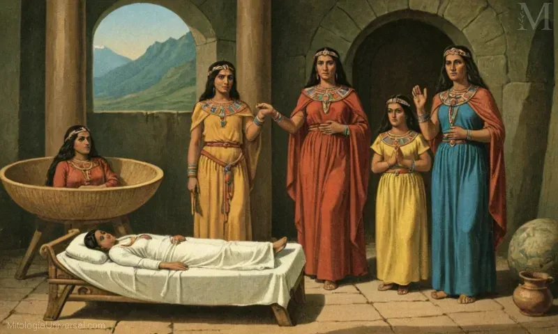 Ilustración vintage de diosas incas que protegen a Mama Cocoyoc y Mama Cochah (Madre Cocoon). La frase se refiere al concepto de madre tierra en las religiones precristianas.