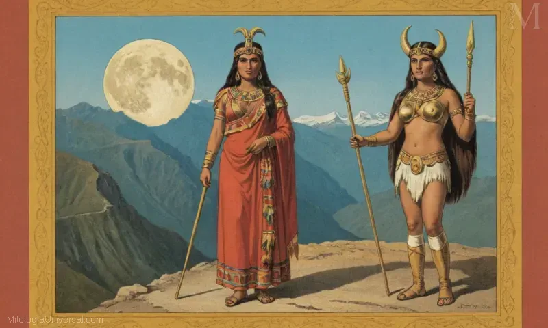 Ilustración vintage que muestra a mamá Quilla (nuestro antepasado de América del Sur) de pie con la herencia inca a la vista. Destacando su papel como la democracia lunar y la deidad de oro. Este libro se basa en el tradicional folclore muisenet andino.