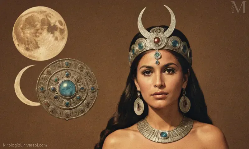 Obras de arte vintage con la diosa Inca Mama Quilla, con referencias a lágrimas y eclipses. El tema pone de relieve su asociación con la luna y la plata, reflejando su papel como una deidad celestial en la cultura inca temprana.