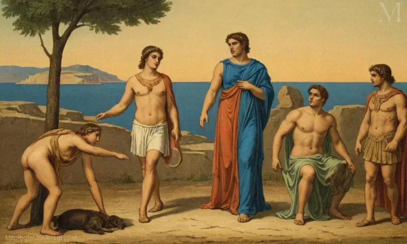 Ilustración vintage de Orígenes y el contexto del mito marsias relacionado con Apolo en la mitología griega/helenística. La cita describe el tema como explorar tanto las leyendas antiguas como su reinterpretación moderna.